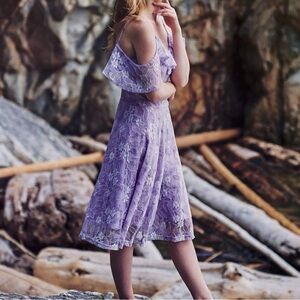 Purple Floral Lace Midi Dress with Ruffle Detail Off shoulder a-line Size Large